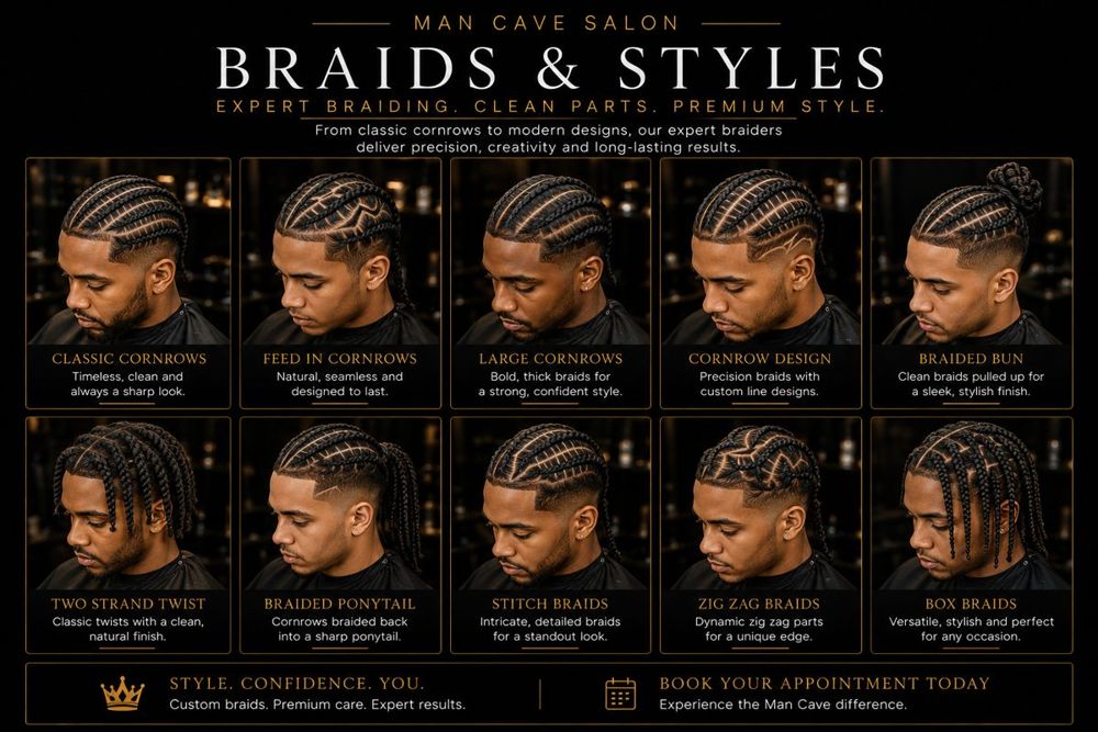 Men's cornrows and braided styles crafted at Man Cave Salon Henderson